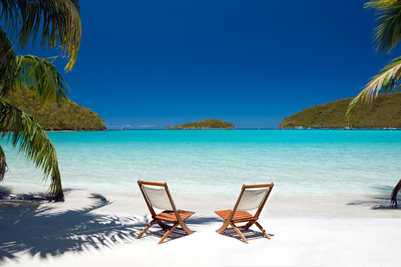 Beach chairs waiting for you on a beautiful, secluded Virgin Islands beach.