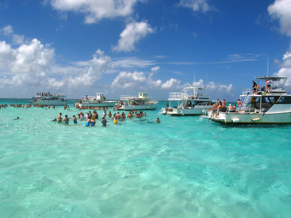 A lot of tourists gathering at Stingray City, Cayman Islands, Caribbean.