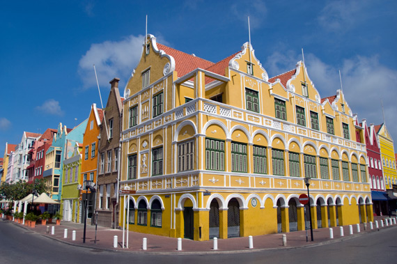 Dutch colonial architecture painted in vibrant Caribbean colours in Willemstad, Curacao, Caribbean.