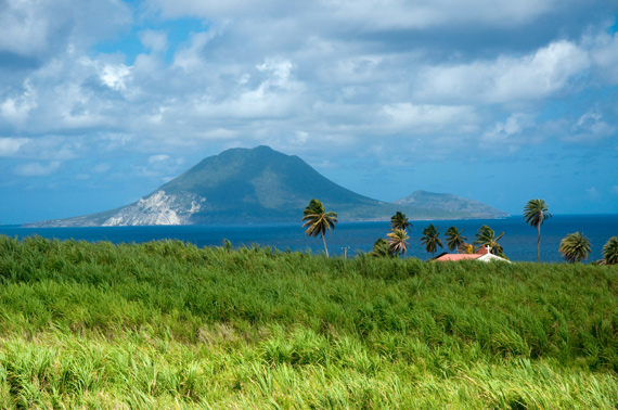 A panoramic view of the islands of Nevis taken from St. Kitts in the Caribbean.
